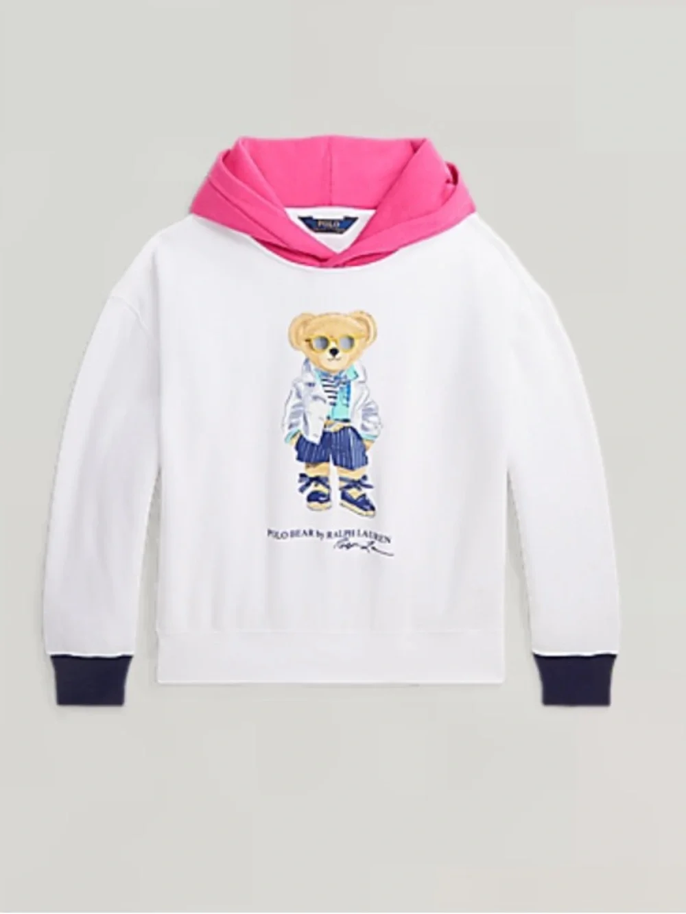 Ralph Lauren Fleece Hoodie with Pink Hood & Navy Cuffs - Polo Bear Graphic